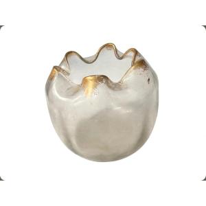 Vase boule à col ondulé en verre soufflé givré à rehaut or, vers 1890-1910