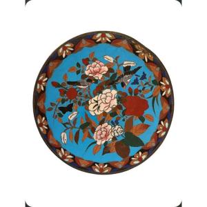 Cloisonné Enamel Dish On Copper, Decorated With Birds And Peonies On A Blue Background, Japan—late 19th Century