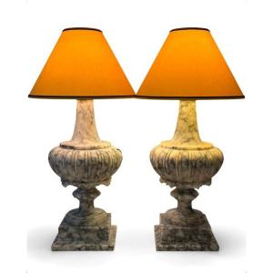 Pair Of Veined Marble Lamps