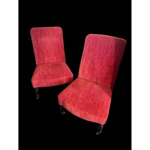 Paire de chauffeuses / chaises basses Napoléon III - Velours rouge - Vers 1870