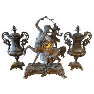 3-piece Napoleon III Fireplace Set - Clock Featuring The Centaur Bacchus And A Bacchante 