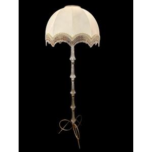 Lampadaire sur pied vintage – Fût cristal / verre moulé – Abat-jour à perles