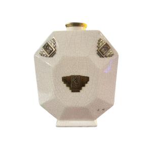 Art Deco Vase With A Flattened Body And Beveled Sides, Made Of White Glazed Ceramic With A Crackled Finish.