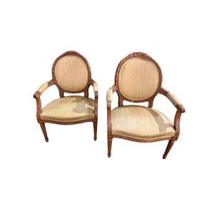 Pair Of Louis XVI-style Armchairs With Medallion Backs—late 19th / Early 20th Century