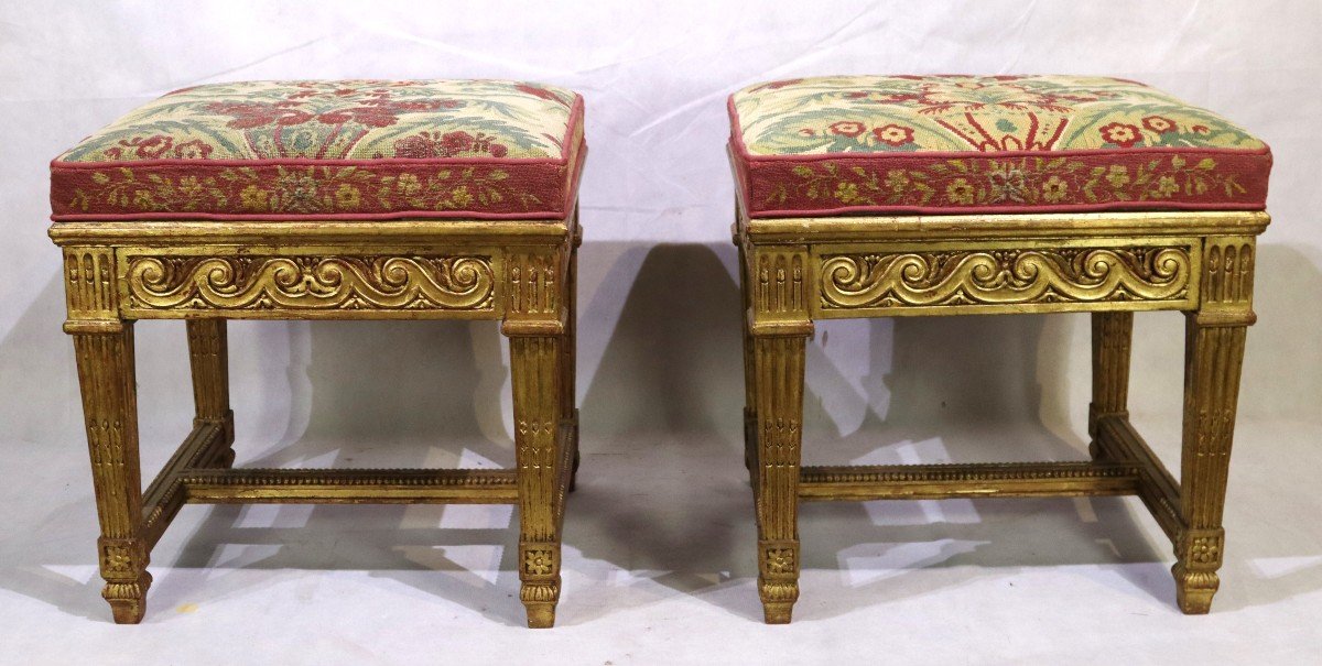 Pair Of Stool, Louis XVI Style With System, Nineteenth
