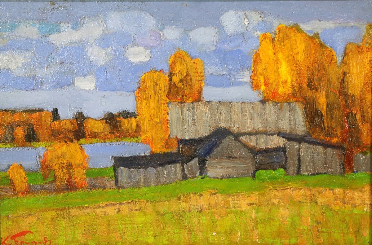 Kim Britov (1925-2010), Huile Sur Bristol " Ferme Au Bord De l'Eau ", XXe-photo-2