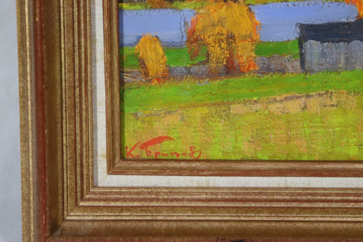Kim Britov (1925-2010), Huile Sur Bristol " Ferme Au Bord De l'Eau ", XXe-photo-4