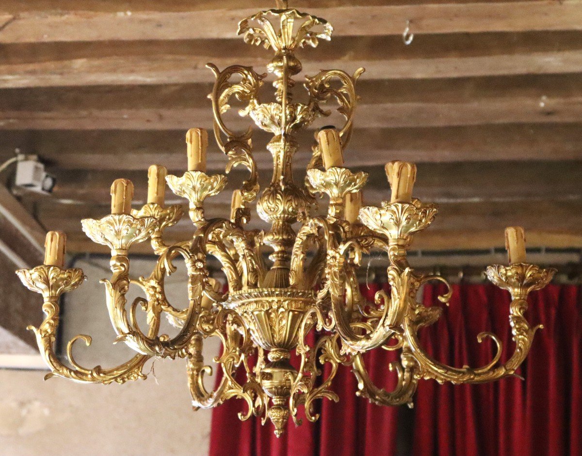 Pair Of Important Gilt Bronze Chandelier, 12 Lights, Twentieth-photo-3