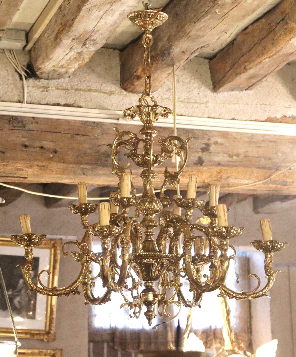 Pair Of Important Gilt Bronze Chandelier, 12 Lights, Twentieth