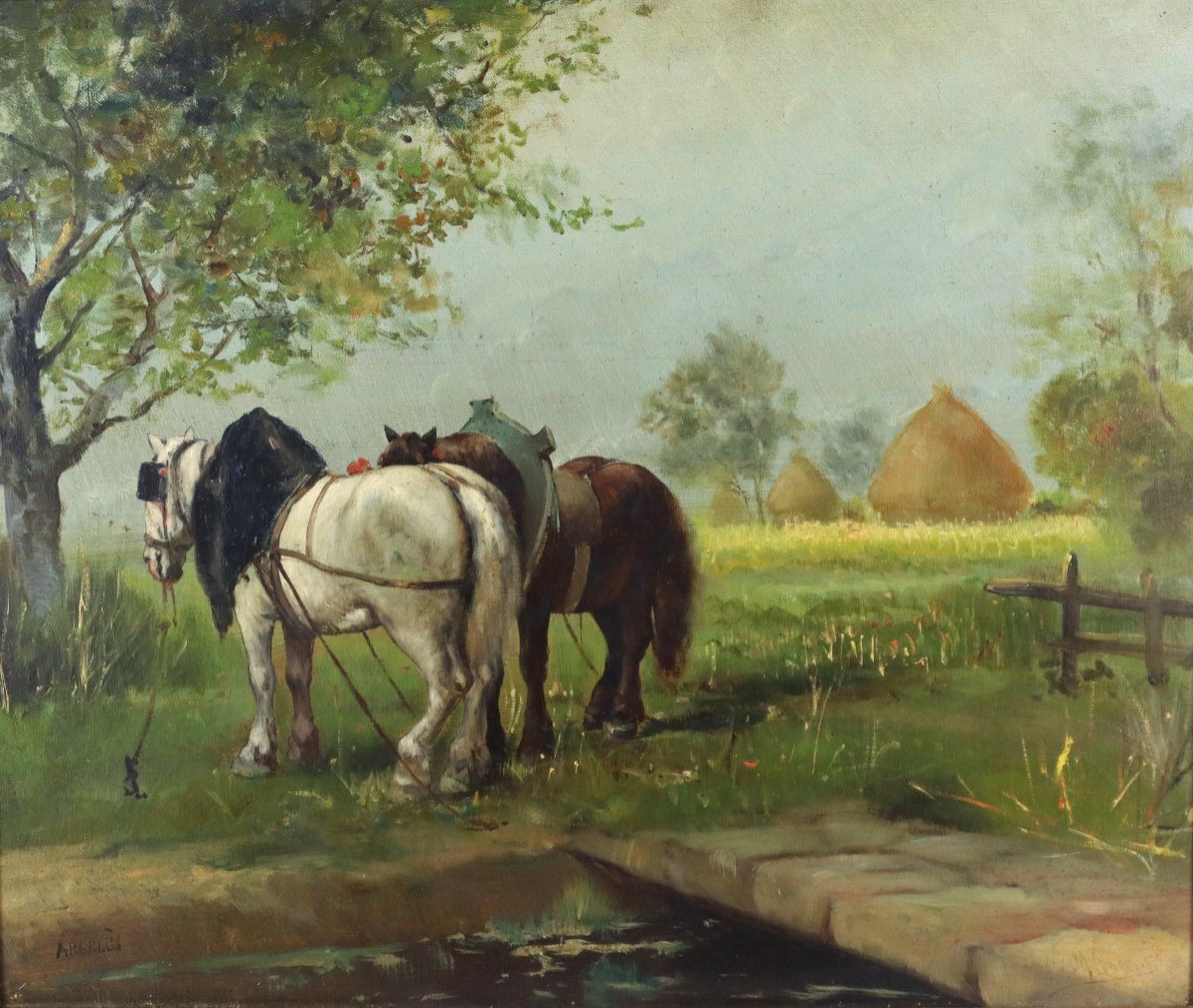 M. Argeles (19th), Hst Painting "draft Horses", Signed, 19th-photo-2