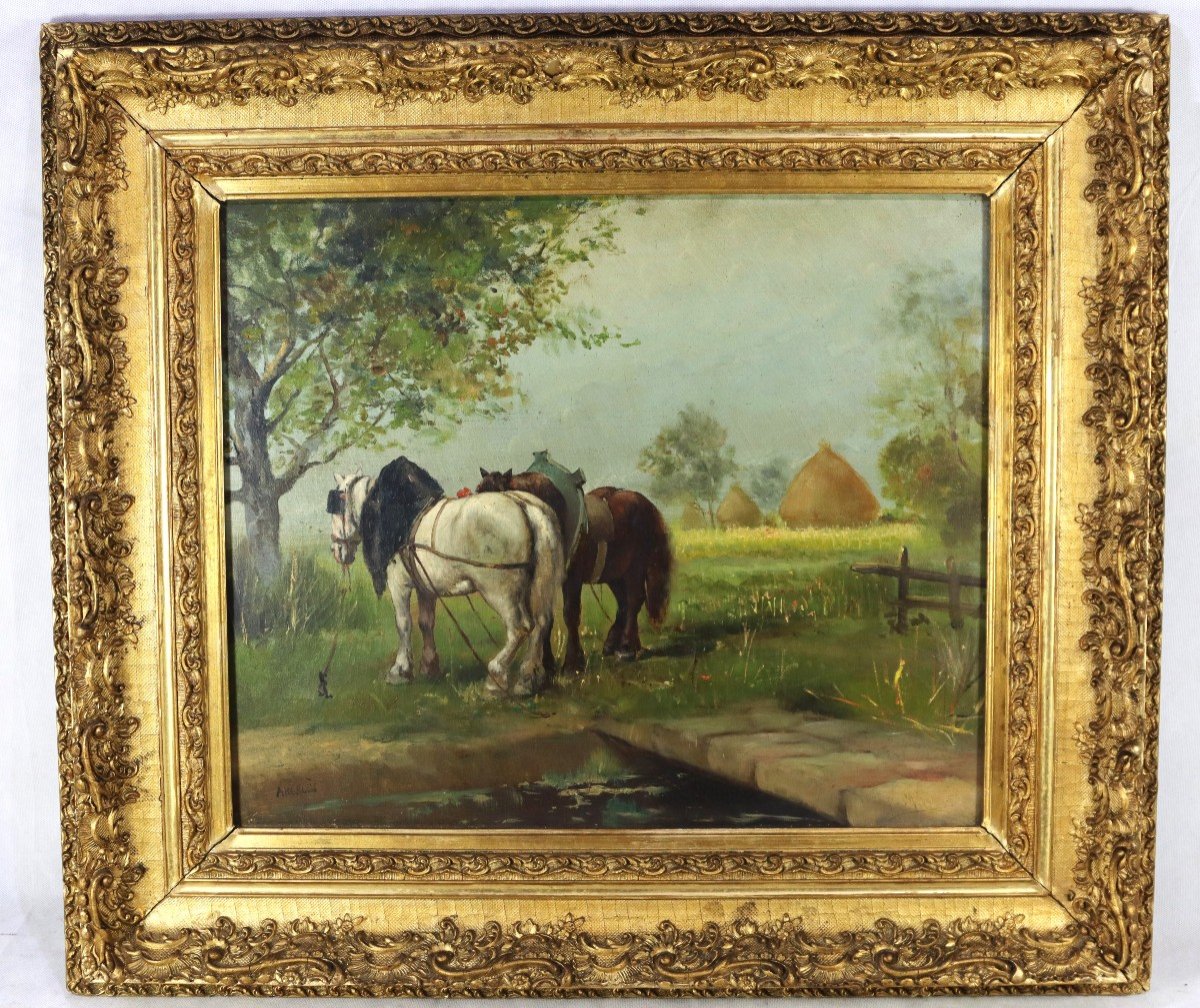 M. Argeles (19th), Hst Painting "draft Horses", Signed, 19th
