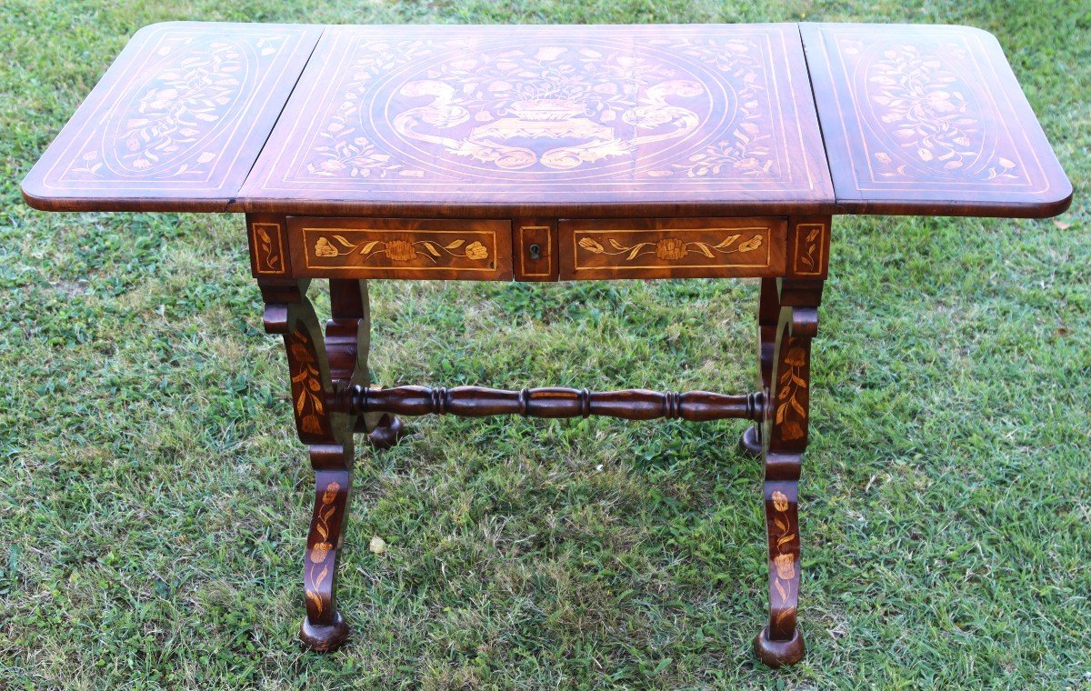 Shuttered Table Forming A Desk, In Marquetry, 18th Century-photo-2
