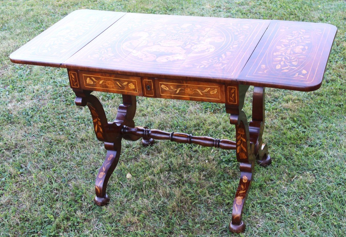 Shuttered Table Forming A Desk, In Marquetry, 18th Century-photo-3
