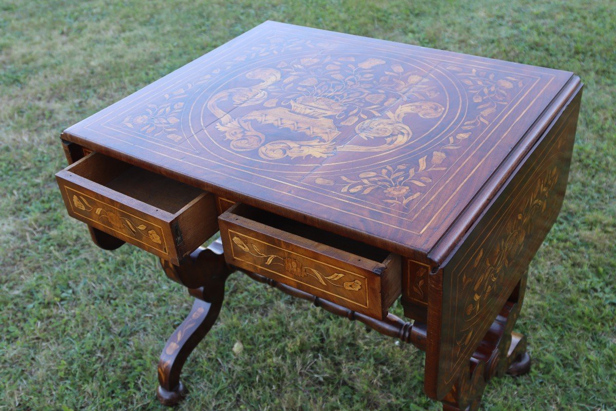 Shuttered Table Forming A Desk, In Marquetry, 18th Century-photo-4