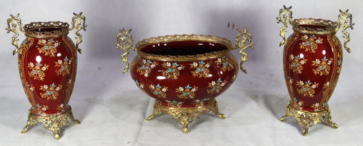 Gien Earthenware (1875), Fireplace Trim Set, 19th Century.-photo-2