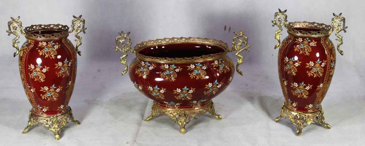 Gien Earthenware (1875), Fireplace Trim Set, 19th Century.-photo-5