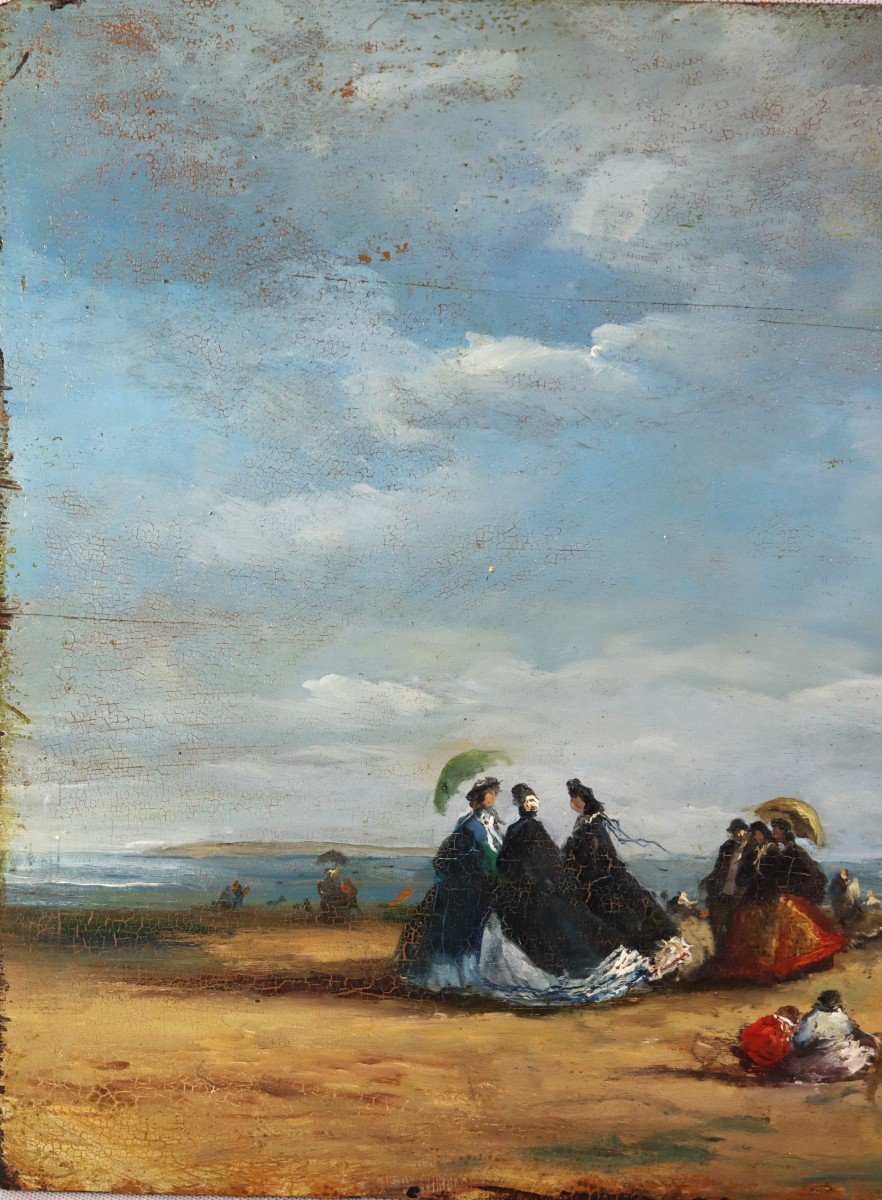 Hsp " Plage De Trouville ", Signé E. Boudin, XIXe-photo-3