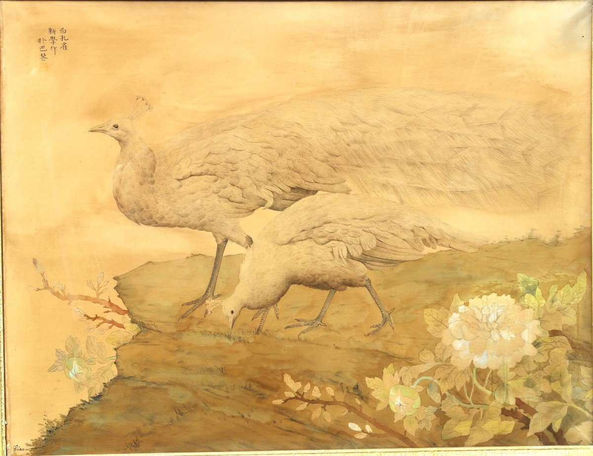 Liao XInxue (1906-1958), Important Ink And Color Painting On Silk "the White Peacocks", 1940-photo-2