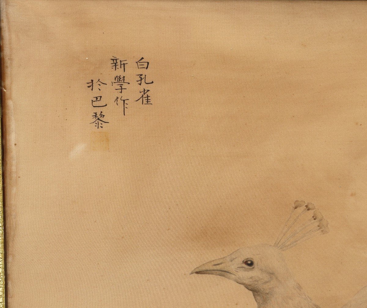 Liao XInxue (1906-1958), Important Tableau Encre Et Couleur Sur Soie " Les Paons Blancs ", 1940-photo-3
