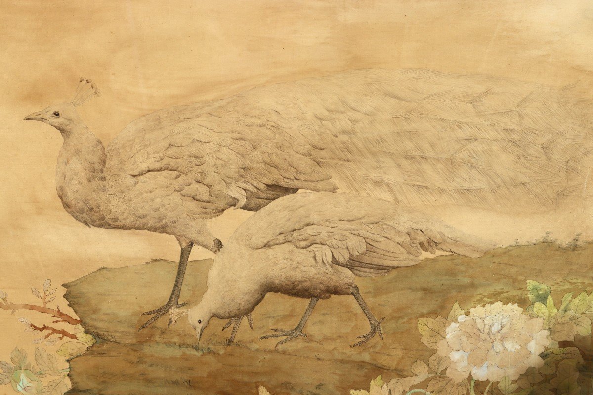 Liao XInxue (1906-1958), Important Ink And Color Painting On Silk "the White Peacocks", 1940-photo-1