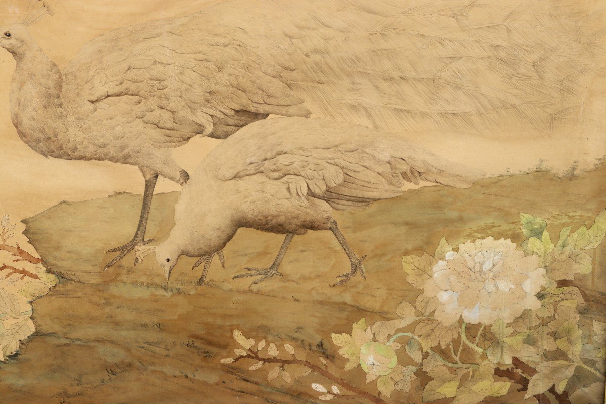 Liao XInxue (1906-1958), Important Ink And Color Painting On Silk "the White Peacocks", 1940-photo-2