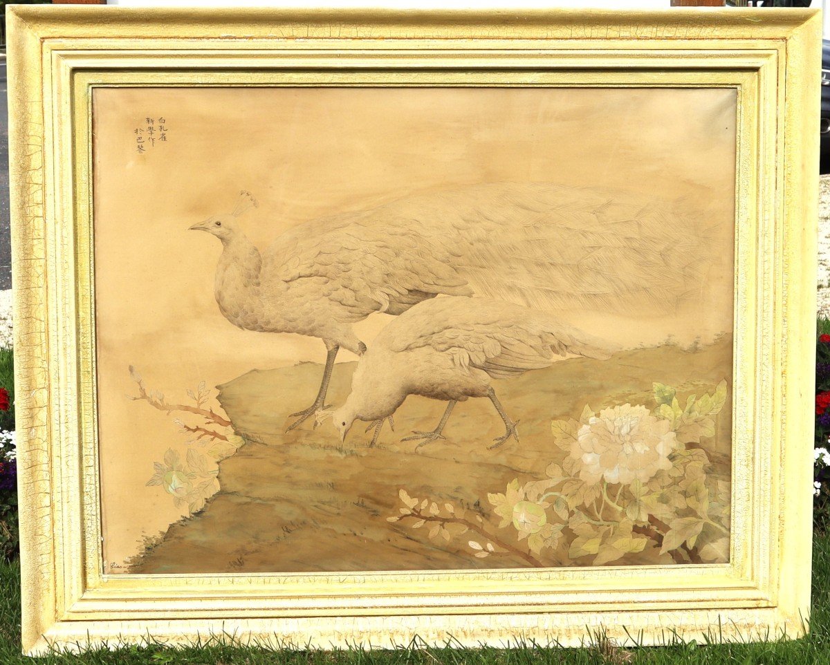 Liao XInxue (1906-1958), Important Ink And Color Painting On Silk "the White Peacocks", 1940