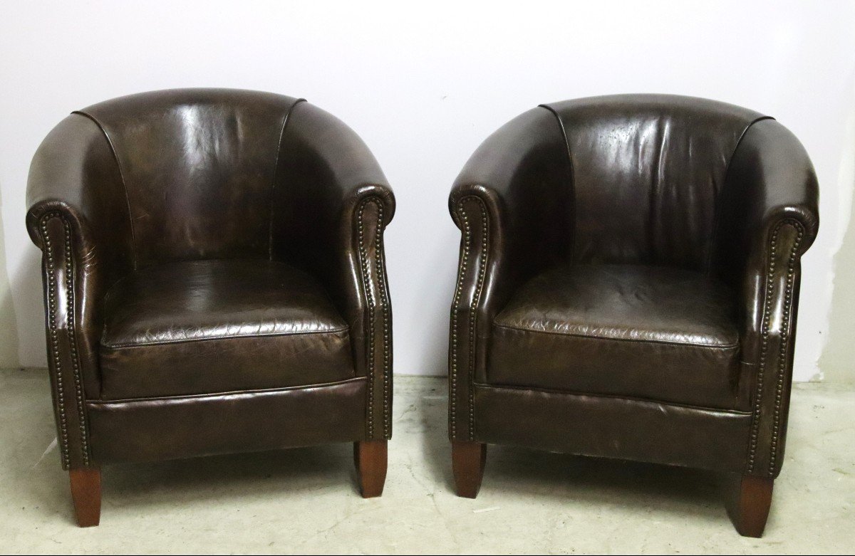 Pair Of Leather Club Armchairs, 20th Century