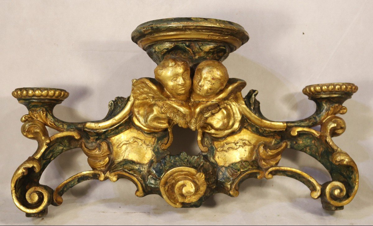 Wall Console In Gilded And Polychrome Wood, Italy 18th Century