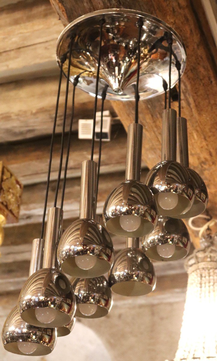 Important Chrome Cascade Chandelier With 10 Spheres (ishii Mokoto?), Year 1970