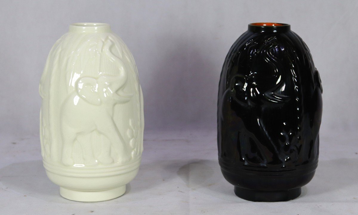 Charles Catteau (1880/1966), Paire De Vases Art Déco " Aux éléphants ", Vers 1930-photo-2