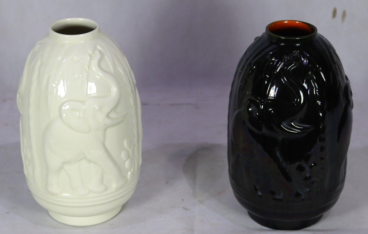 Charles Catteau (1880/1966), Paire De Vases Art Déco " Aux éléphants ", Vers 1930-photo-4