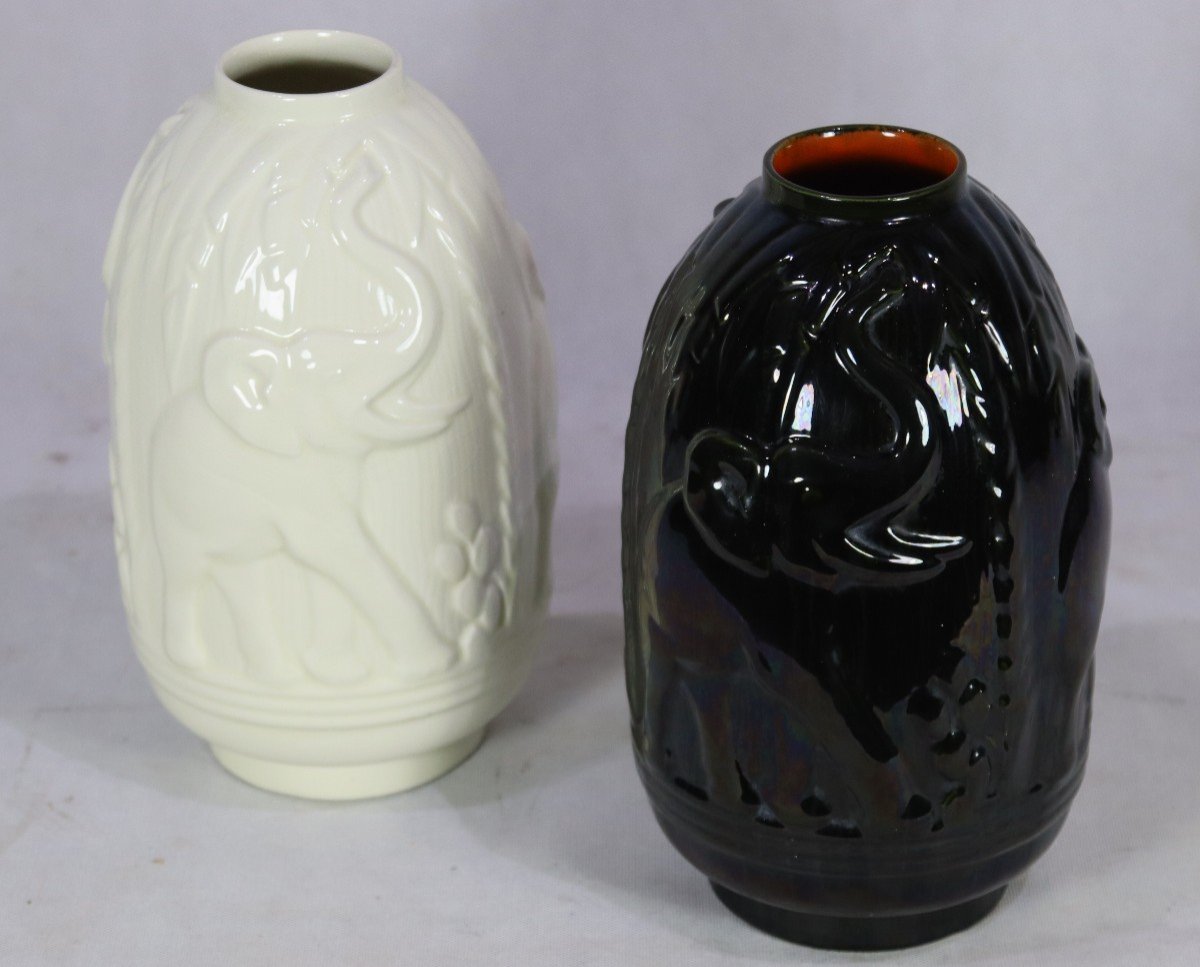 Charles Catteau (1880/1966), Paire De Vases Art Déco " Aux éléphants ", Vers 1930