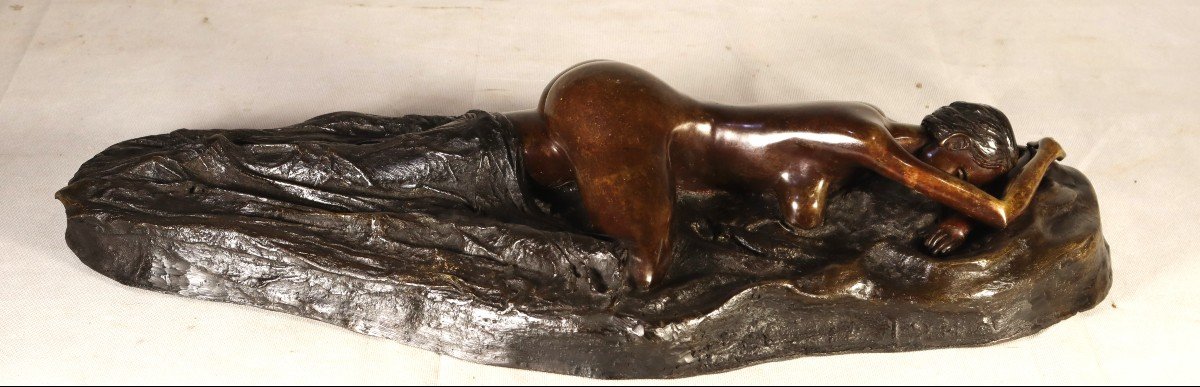 Sculpture En Bronze " Femme Nue Allongée ",  XXe-photo-3