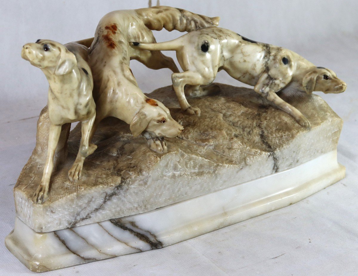 Marble Sculpture "group Of Hunting Dogs", 19th Century-photo-3