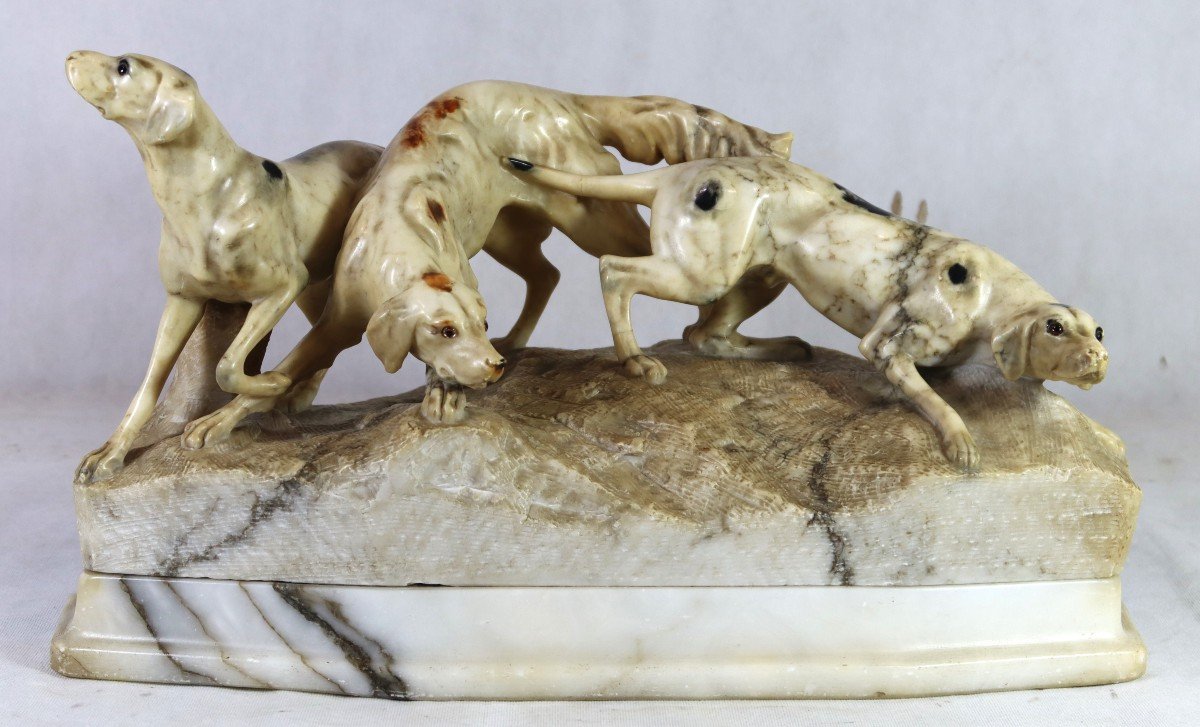 Marble Sculpture "group Of Hunting Dogs", 19th Century