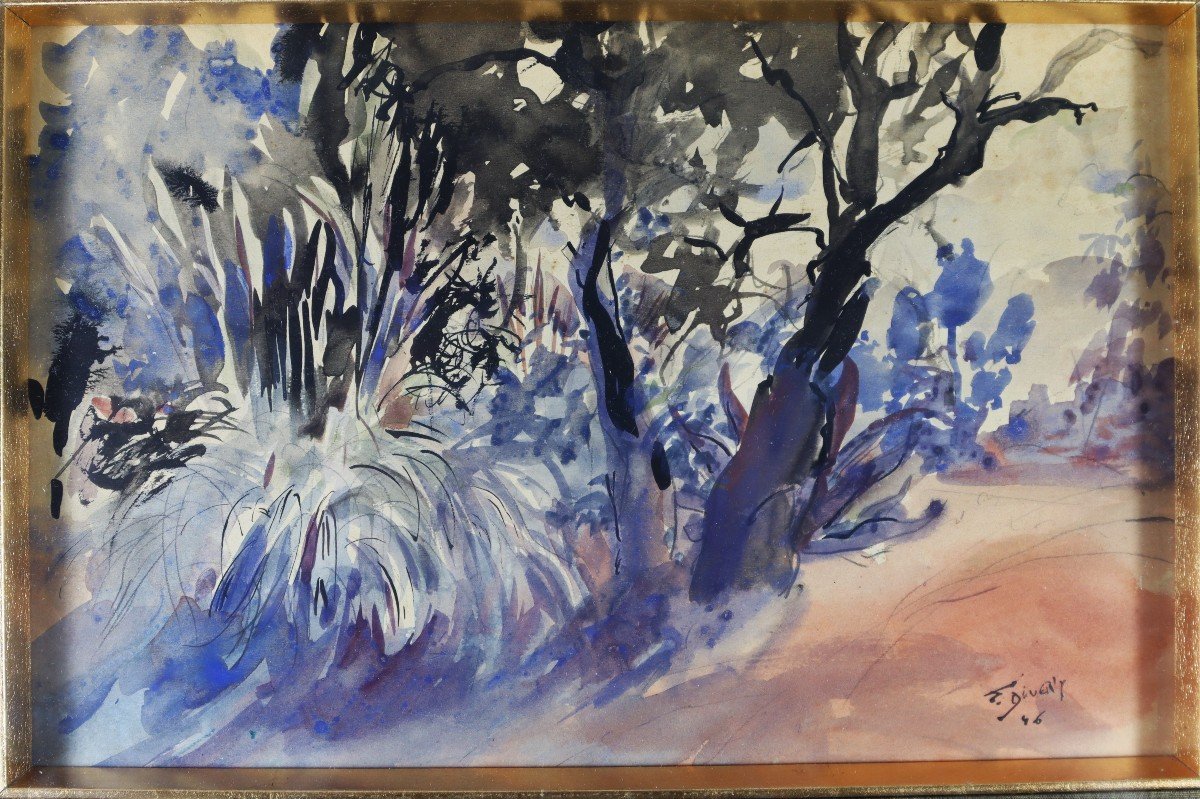 éliane Diverly (1914-2012), 2 Watercolors Landscape And Undergrowth, 20th-photo-4