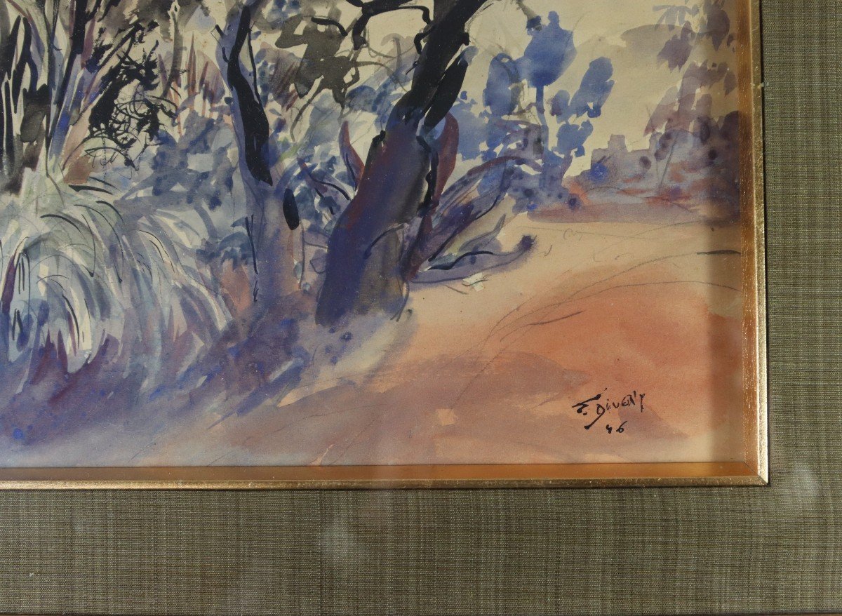 éliane Diverly (1914-2012), 2 Watercolors Landscape And Undergrowth, 20th-photo-1