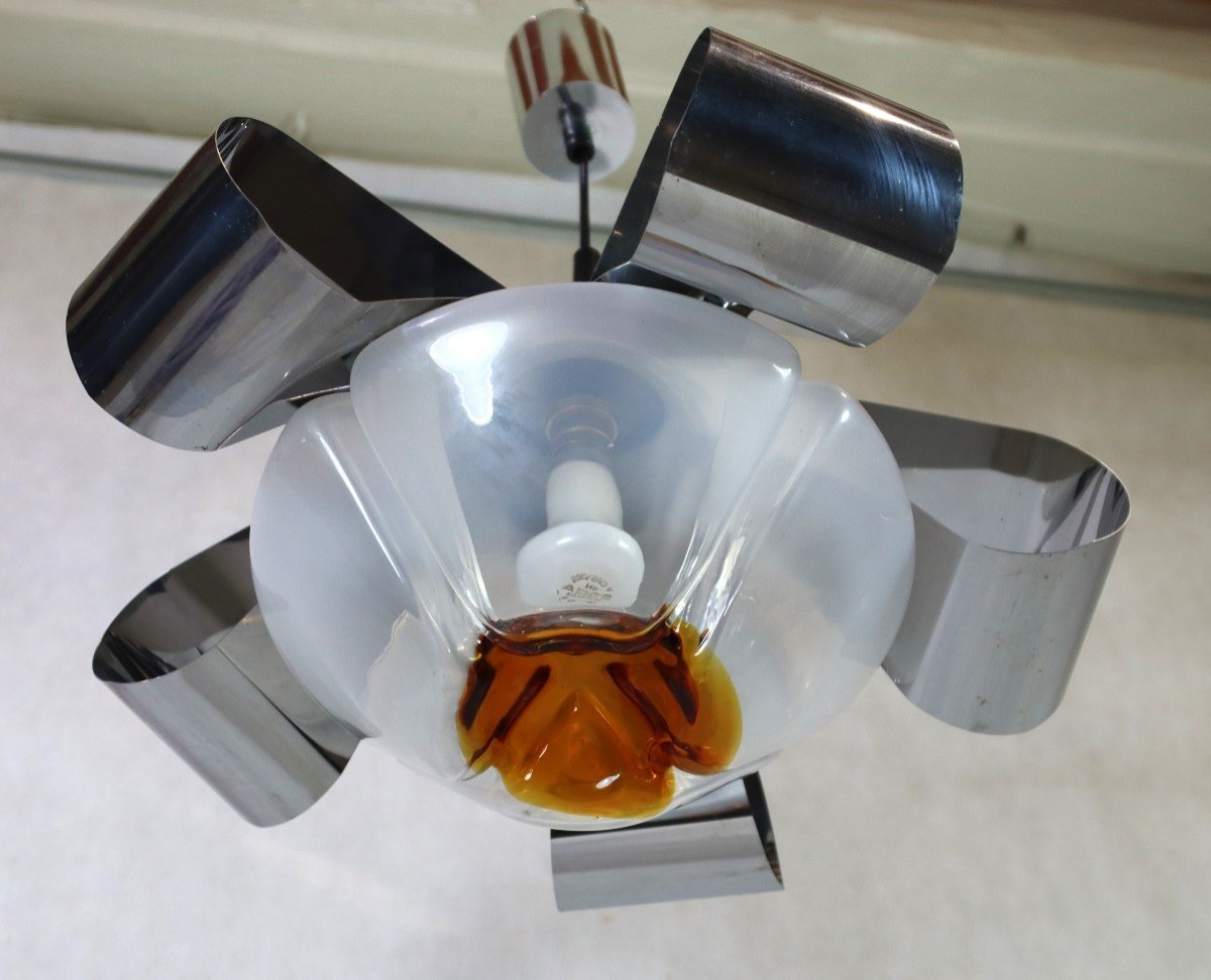 Mazzega, Murano (attr.), Lustre Chromé Et Verrerie Murano, Vers 1960-photo-2