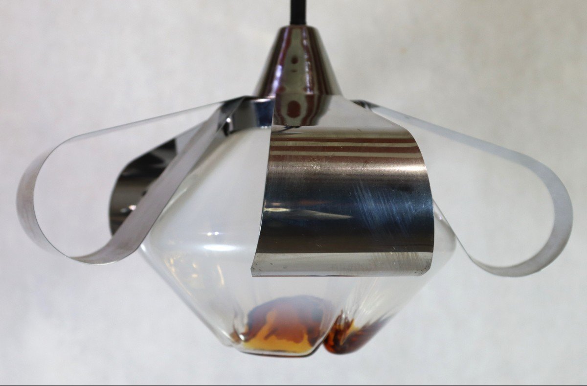 Mazzega, Murano (attr.), Lustre Chromé Et Verrerie Murano, Vers 1960-photo-4