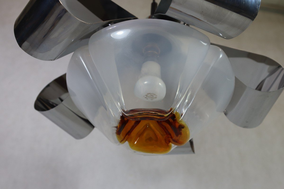 Mazzega, Murano (attr.), Lustre Chromé Et Verrerie Murano, Vers 1960-photo-2