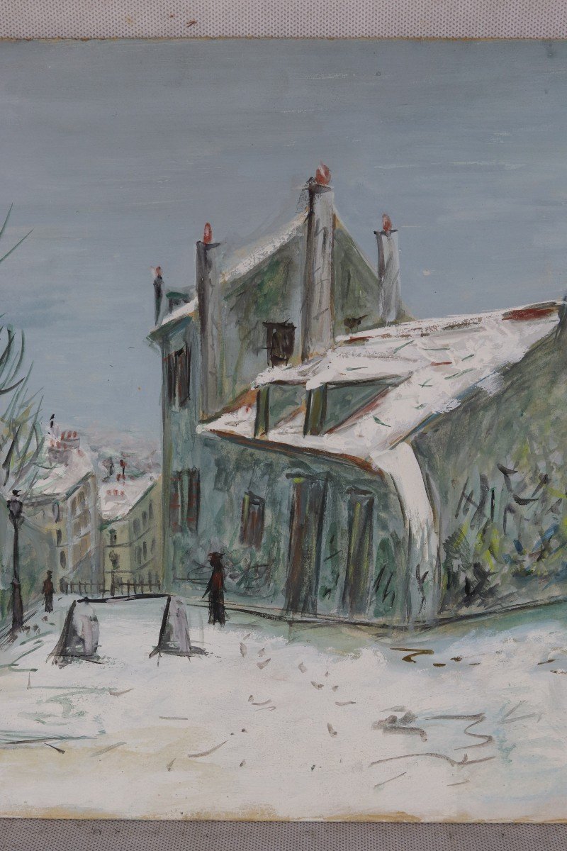 D'Après Maurice Utrillo (1883-1955), Gouache " La Maison De Mimi Pinson Sous La Neige ".-photo-3