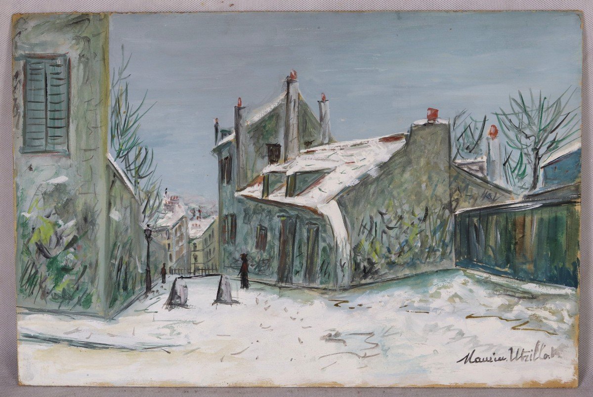 After Maurice Utrillo (1883-1955), Gouache “the House Of Mimi Pinson Under The Snow”.