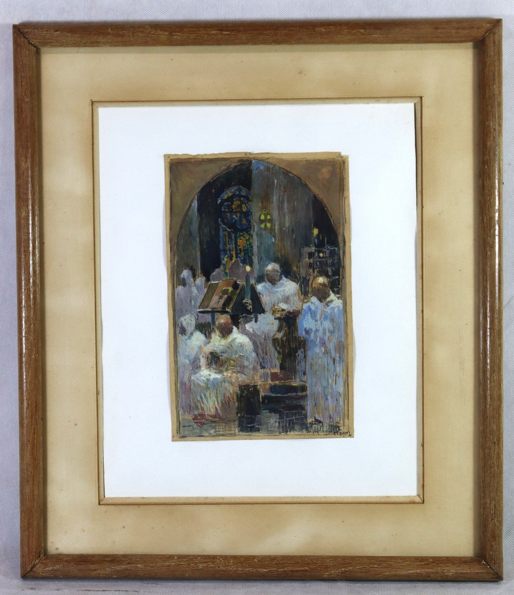 Marcel Huard ( XIXe/xxe), Aquarelle Gouaché " La Messe De Minuit ", 1918