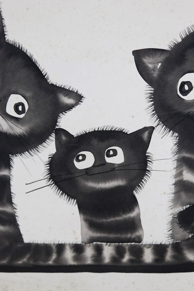 Laszlo Tibay (1962), Encre "les Trois Chats ", XXe-photo-1