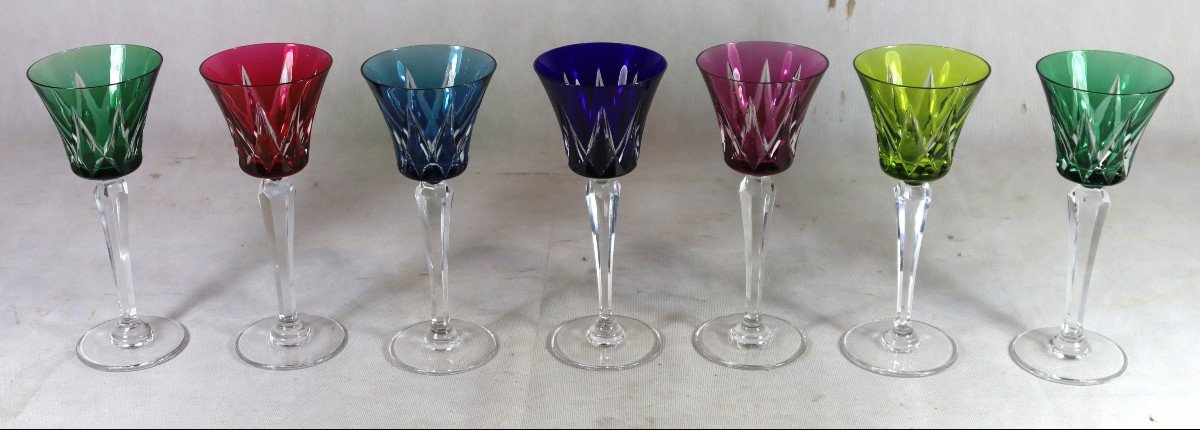 Saint Louis, 7 Colored Crystal Glasses, 20th Century