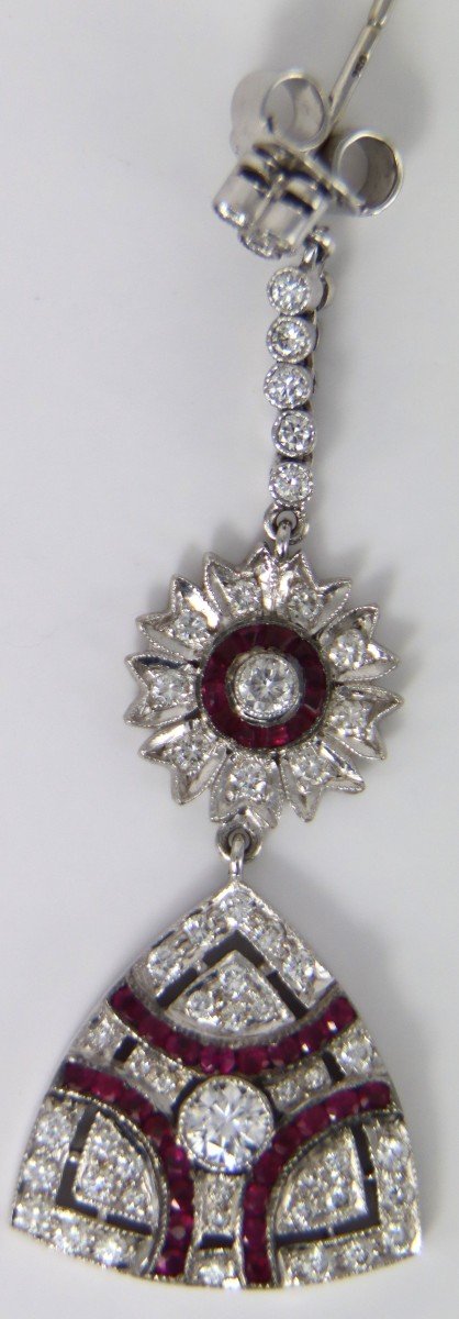 Pair Of 75mm White Gold Earrings Set With Diamonds And Rubies, 20th Century-photo-2