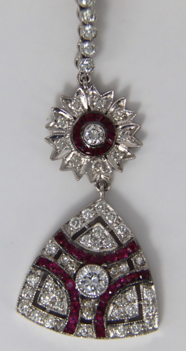 Pair Of 75mm White Gold Earrings Set With Diamonds And Rubies, 20th Century-photo-4