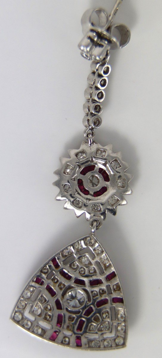 Pair Of 75mm White Gold Earrings Set With Diamonds And Rubies, 20th Century-photo-1