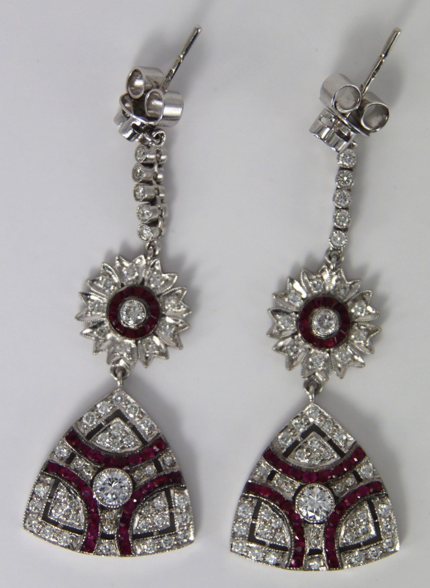 Pair Of 75mm White Gold Earrings Set With Diamonds And Rubies, 20th Century-photo-3