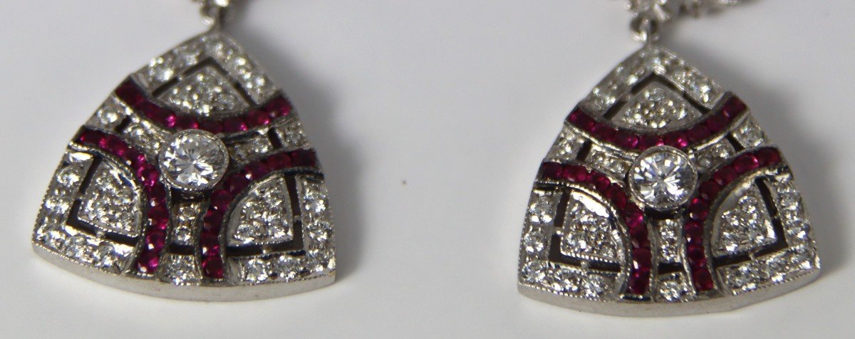 Pair Of 75mm White Gold Earrings Set With Diamonds And Rubies, 20th Century-photo-4